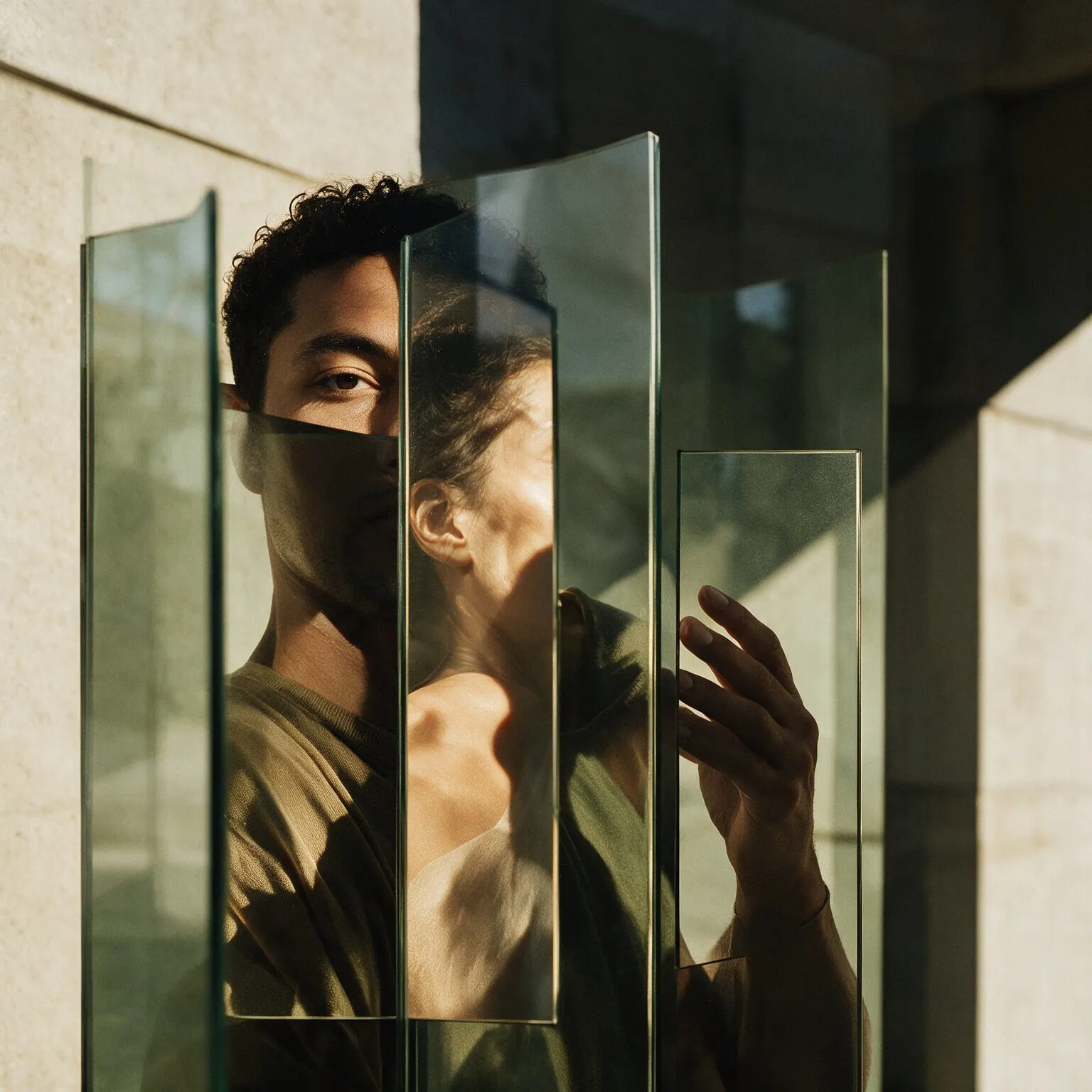 Homem refletido em painéis de vidro, com a imagem desdobrada