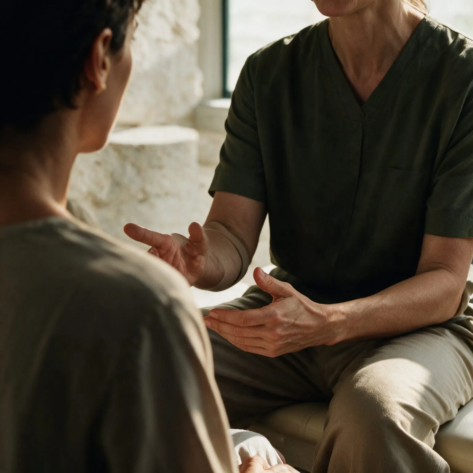 Profissional conversa com uma paciente, gesticulando com as mãos