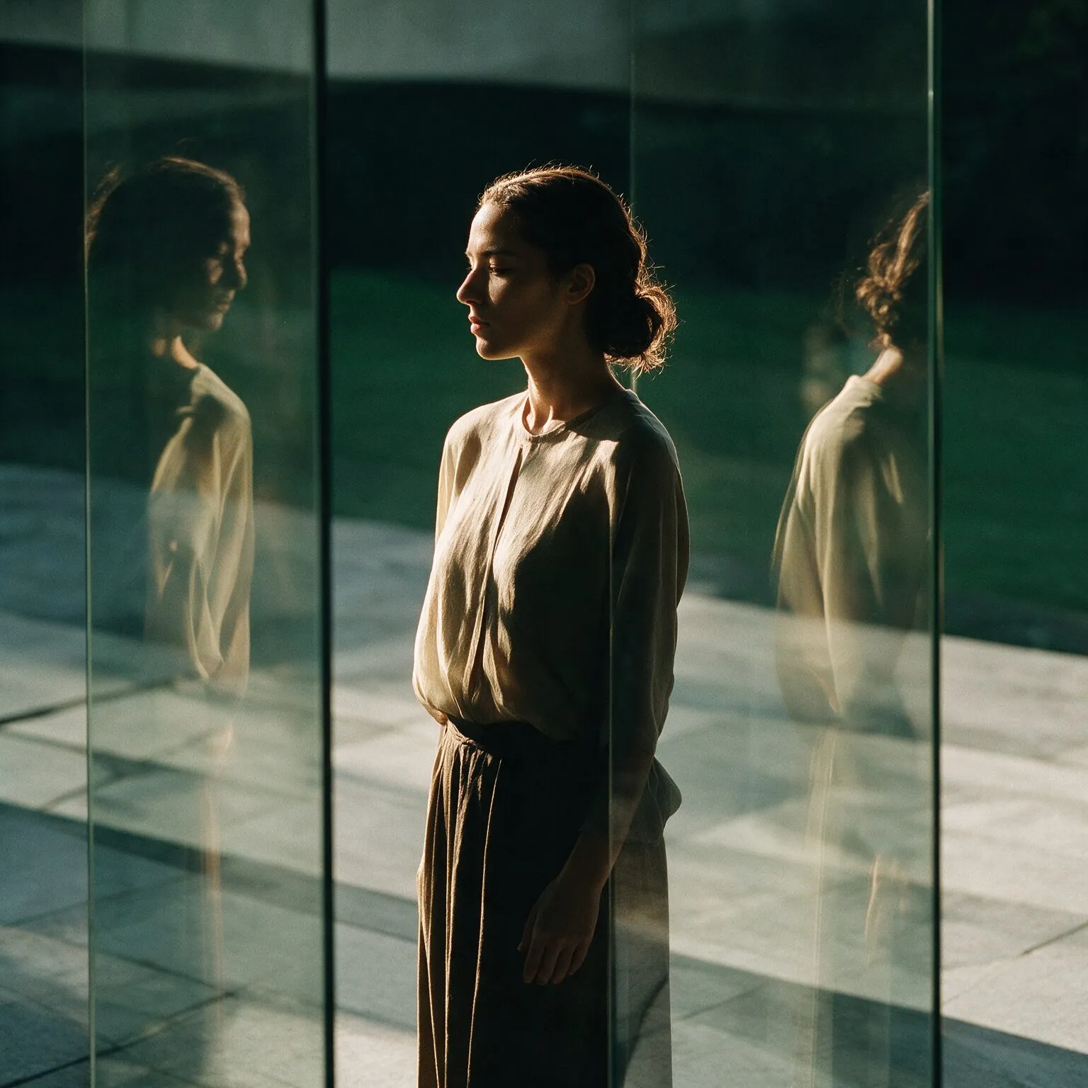 Mulher em pé refletida em vidro, com jardim ao fundo