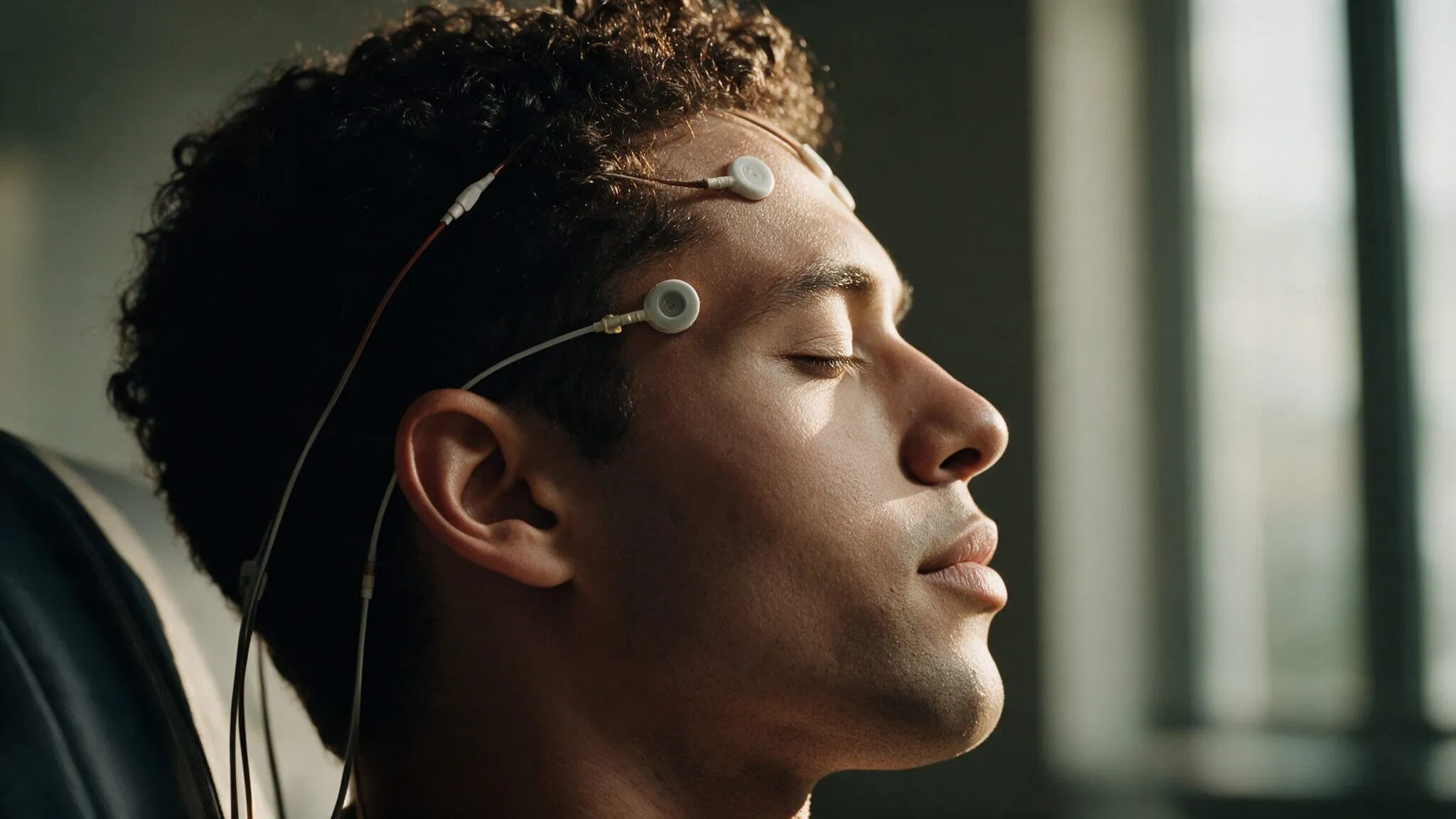 Homem de olhos fechados com eletrodos de EEG na cabeça
