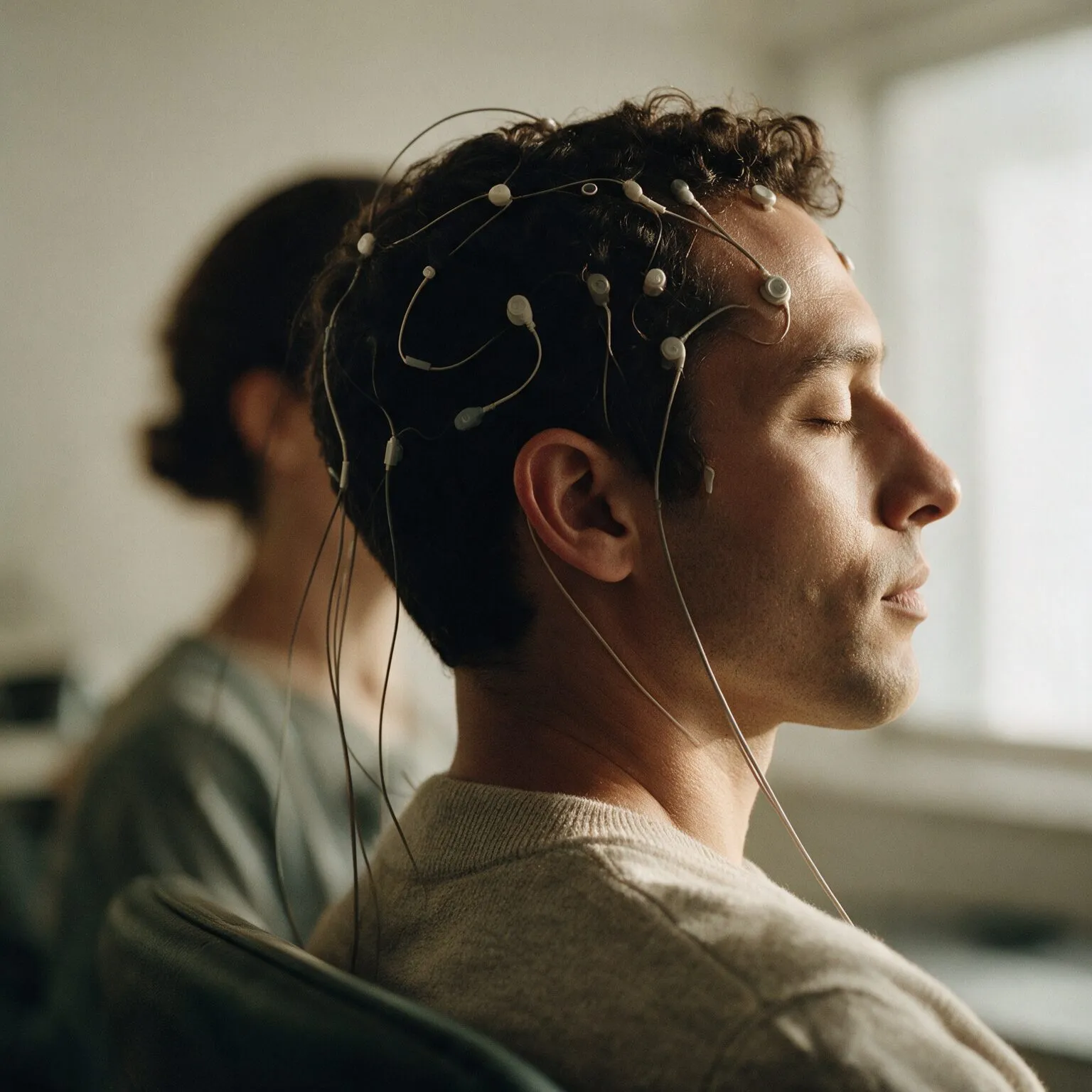 Homem de olhos fechados com eletrodos de EEG na cabeça, numa sala clara