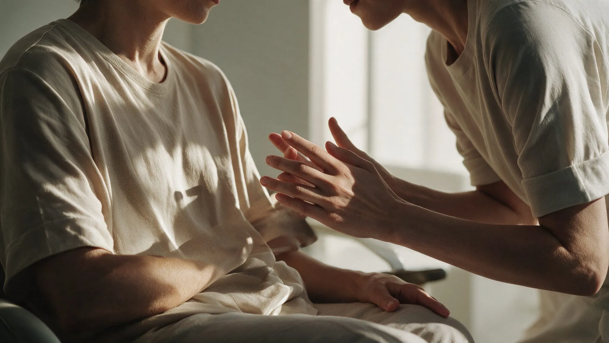 Duas pessoas em roupas claras conversam de perto, uma segurando a mão da outra