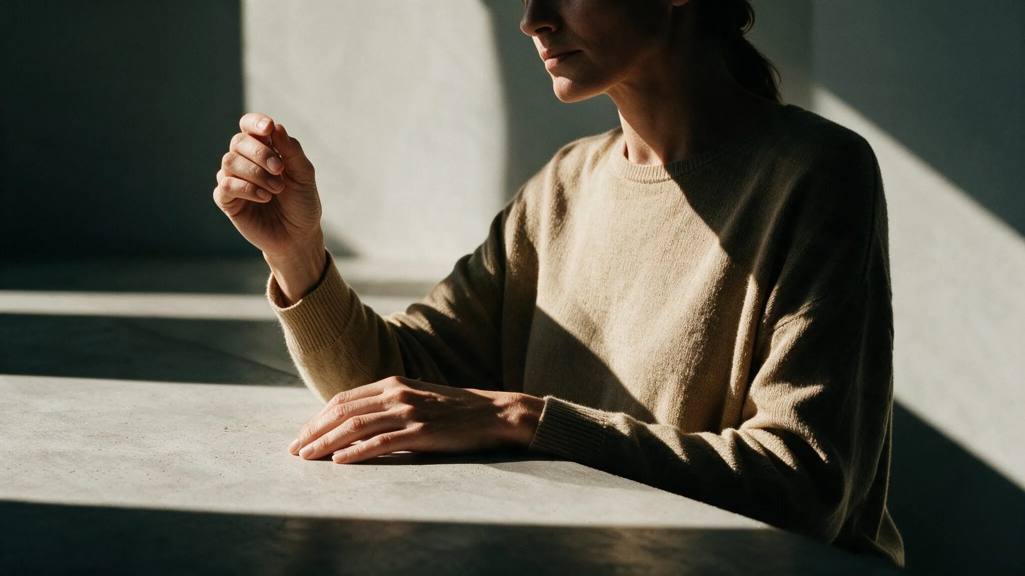 Mulher sentada à mesa, pensativa, com a mão junto ao rosto