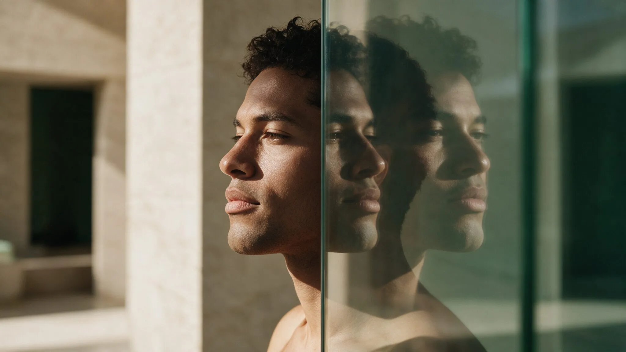 Homem de perfil refletido em vidro, com a imagem desdobrada