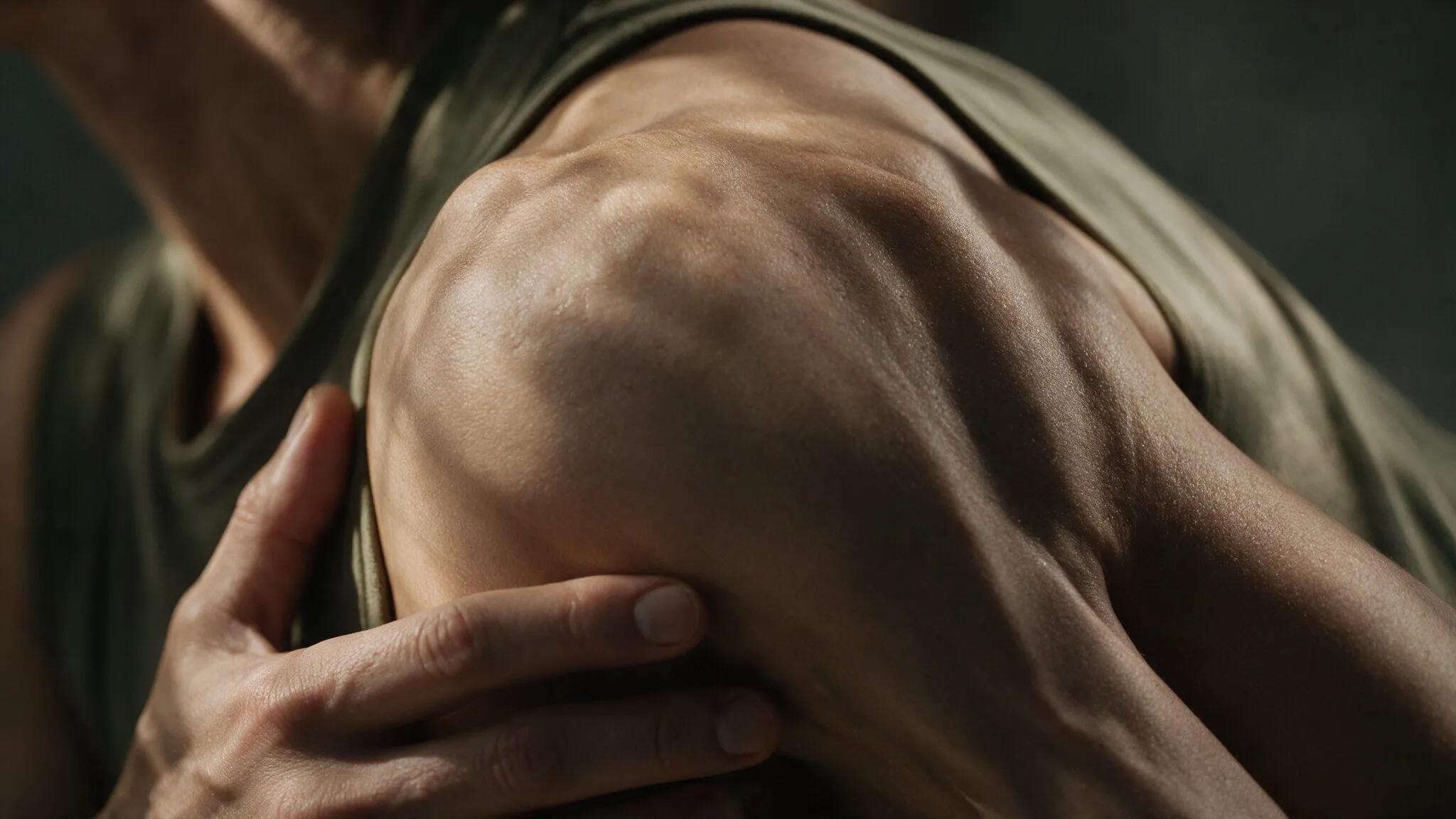 Close do ombro de um homem com a mão apoiada sobre ele