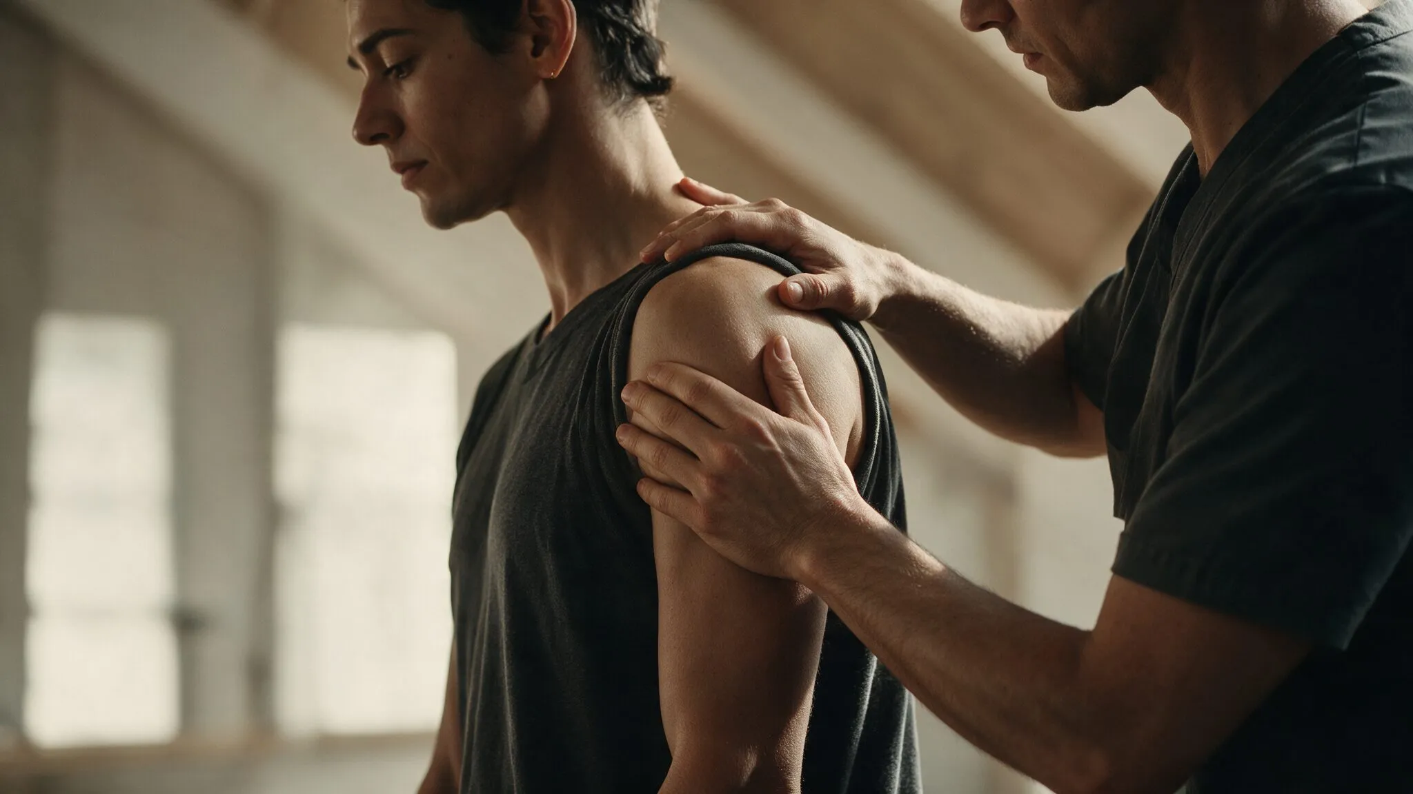 Osteopata avalia o ombro de um homem, com as mãos sobre a articulação