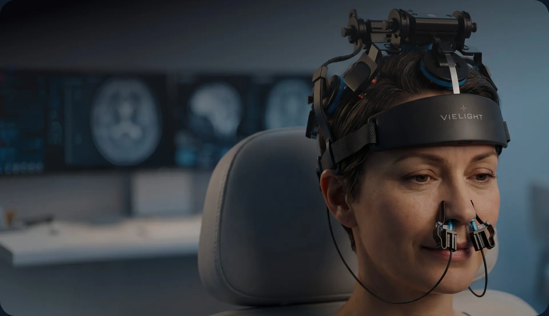 Mulher em cadeira clínica usando um dispositivo de fotobiomodulação na cabeça, com exames cerebrais em telas ao fundo