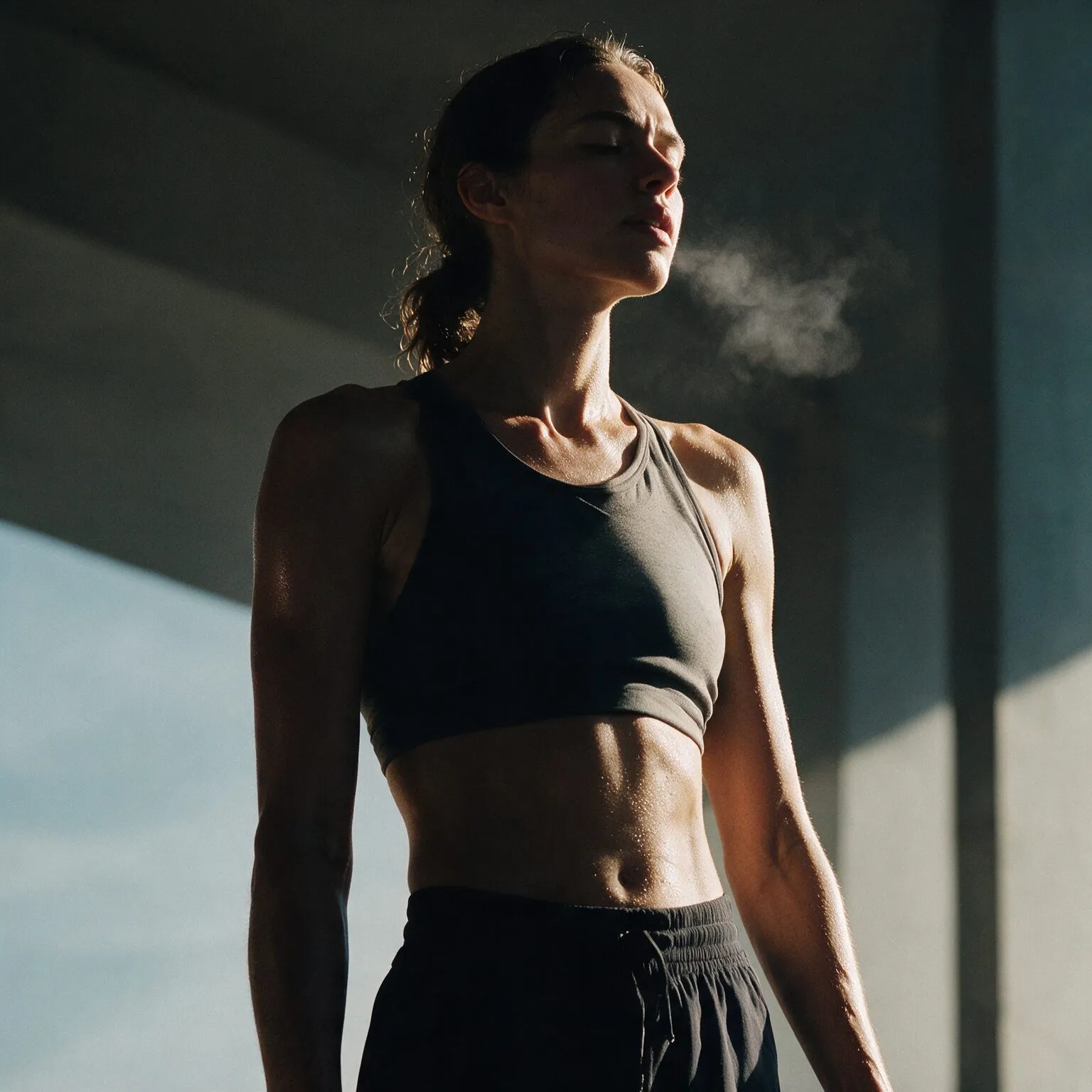 Mulher de olhos fechados respirando, em luz lateral, após o exercício